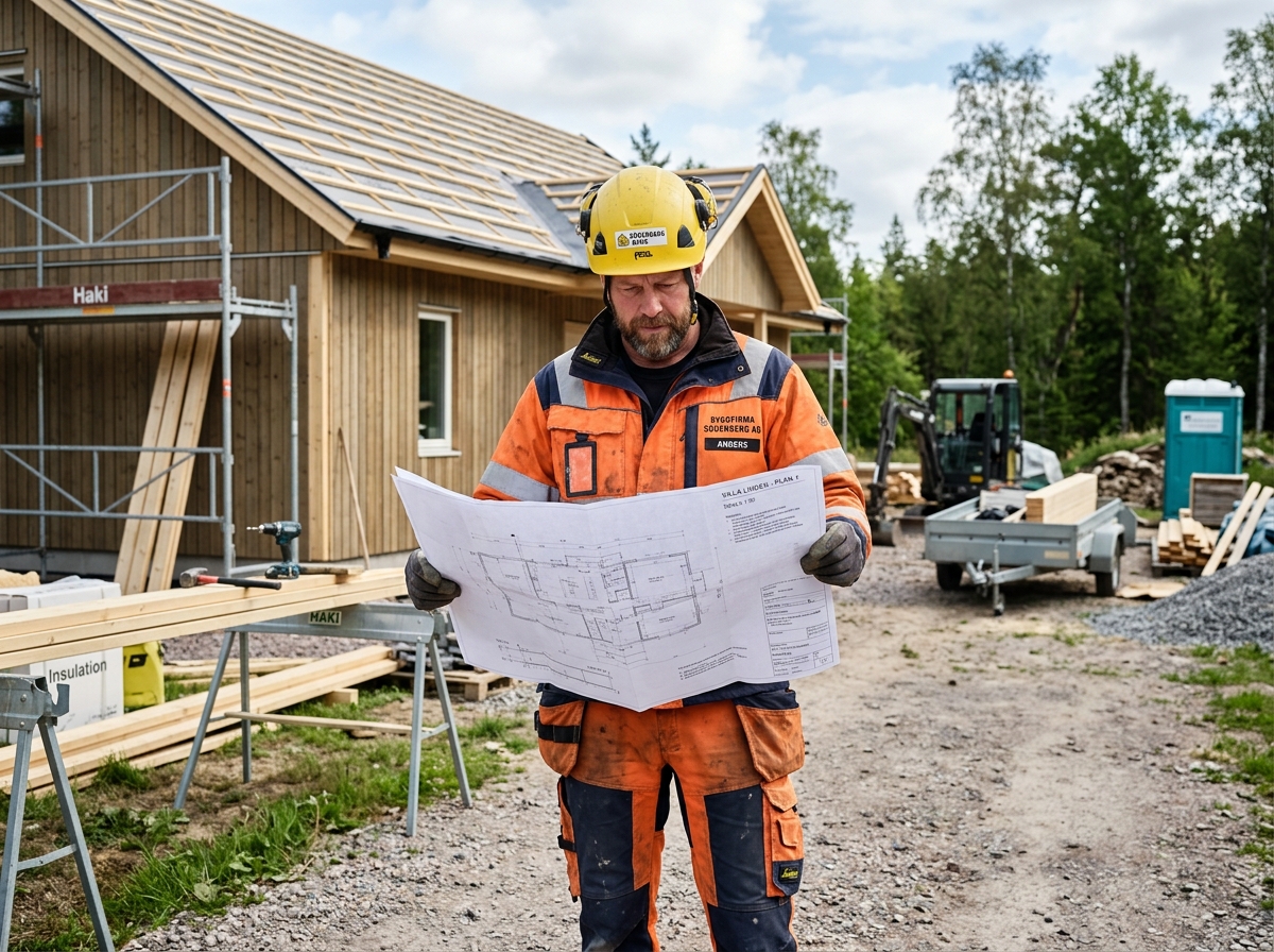 Byggare som läser en ritning framför ett hus under uppförande.