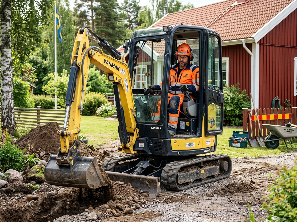Minigrävare som schaktar vid ett rött hus.