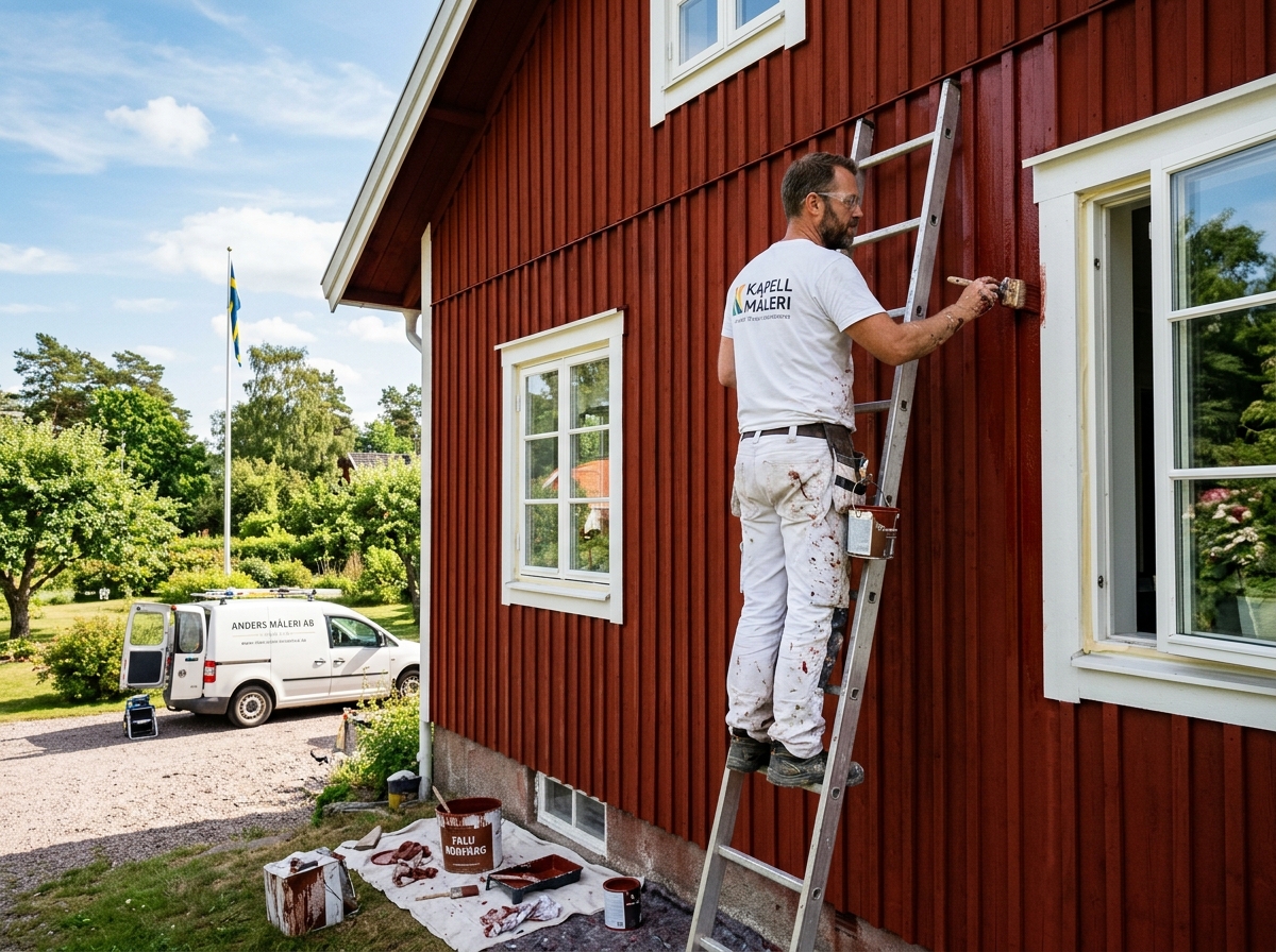 Målare som målar en röd träfasad.